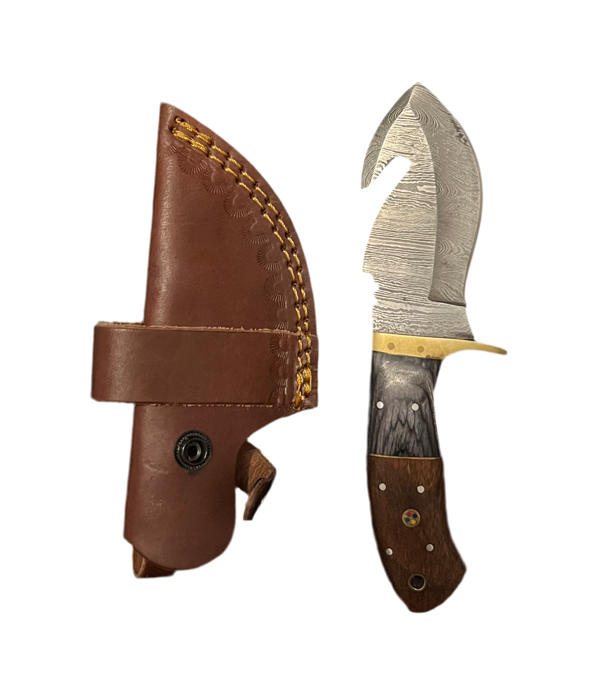 Damascus Steel Gut Hook Knife with a Custom Leather Sheath