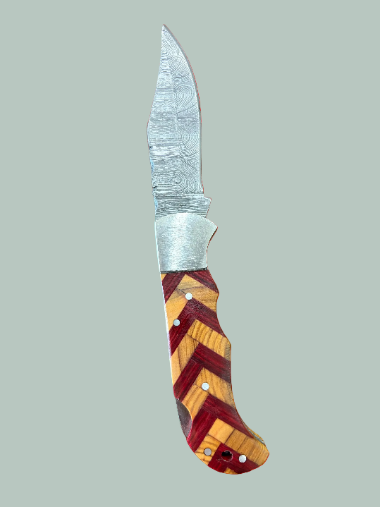 Damascus Hunting Knife – Multicolor Wood Handle with Handmade Leather Sheath