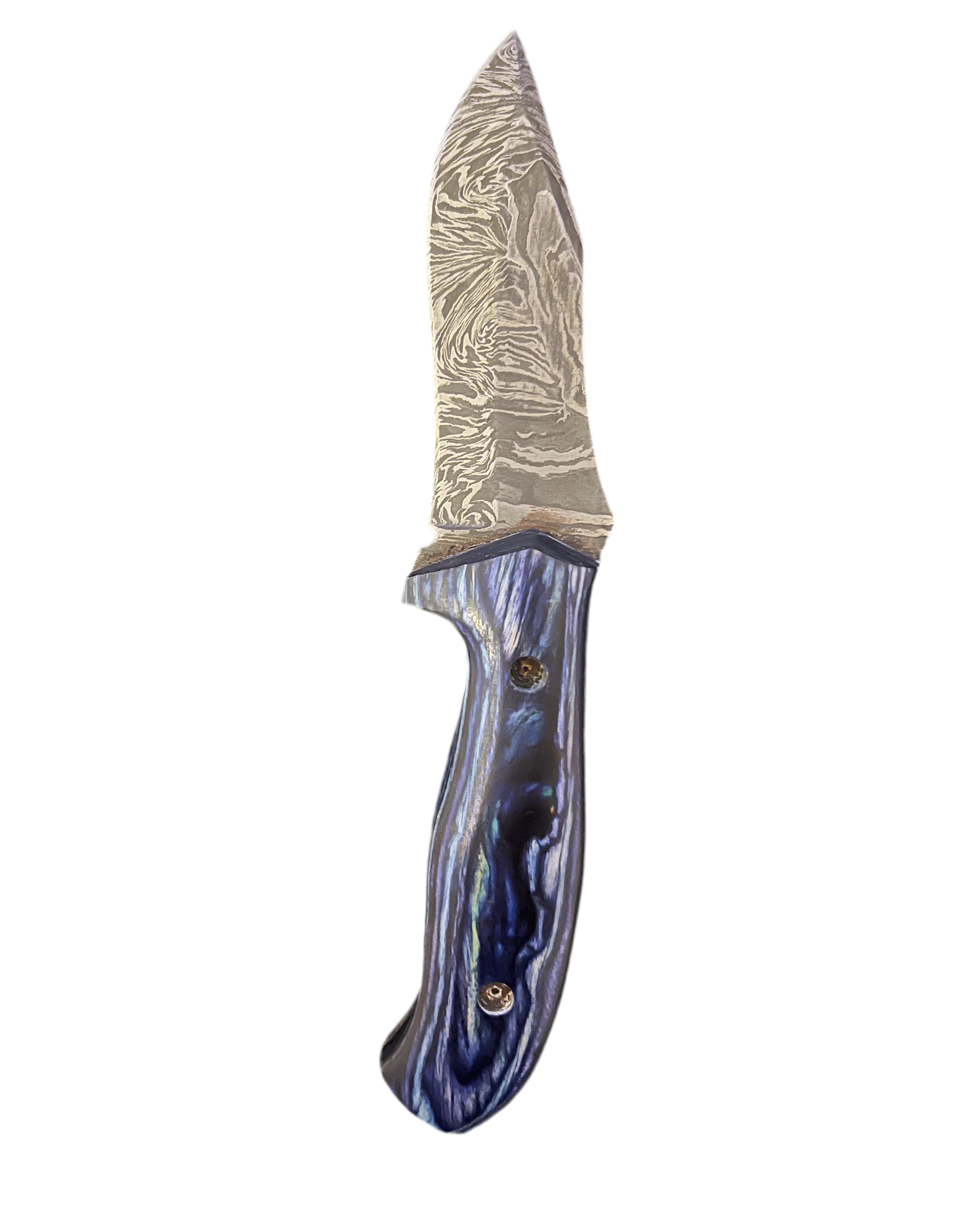 Damascus Steel Fixed-Blade Knife with a Blue Resin Handle