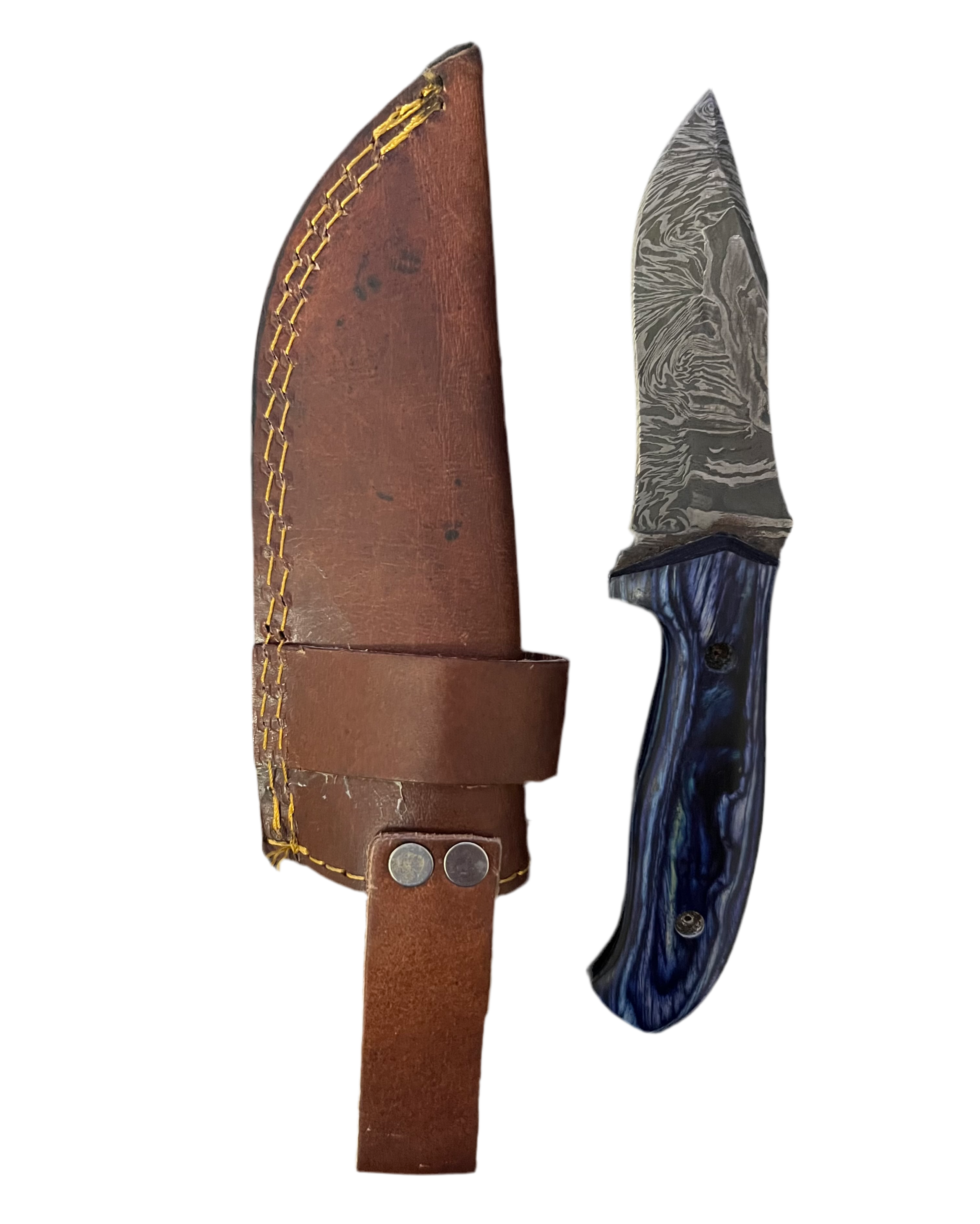 Damascus Steel Fixed-Blade Knife with a Blue Resin Handle