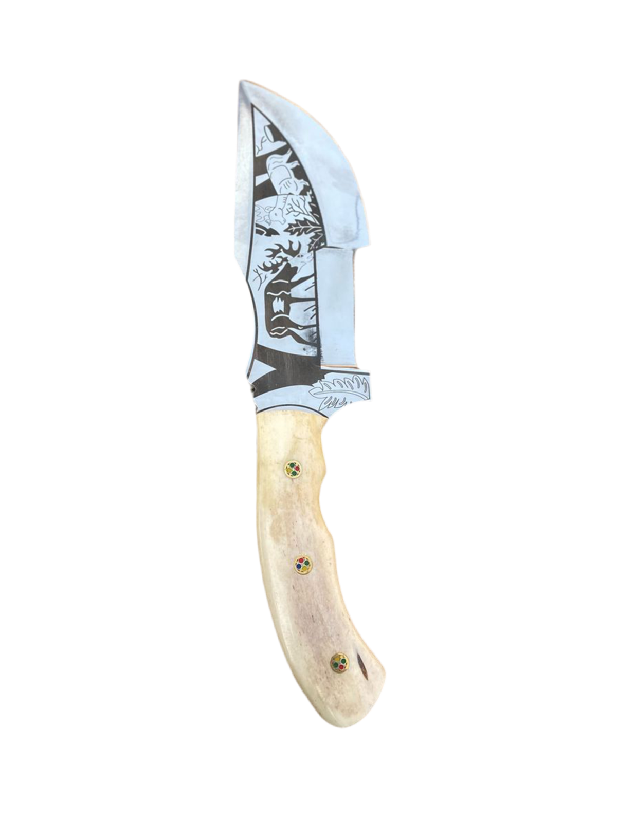 Handcrafted Hunting Knife with Engraved Wildlife Blade and Bone Handle