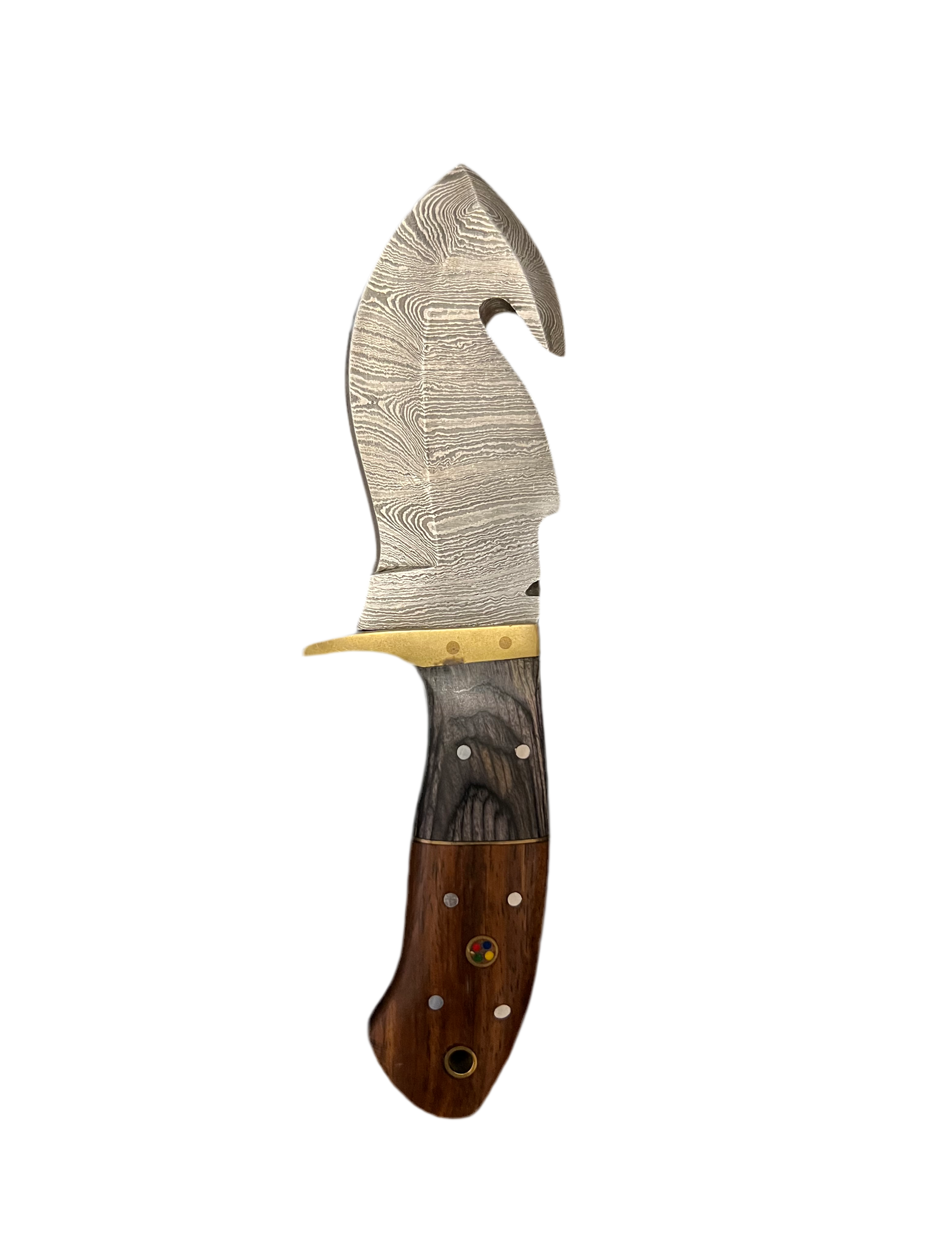 Damascus Steel Gut Hook Knife with a Custom Leather Sheath