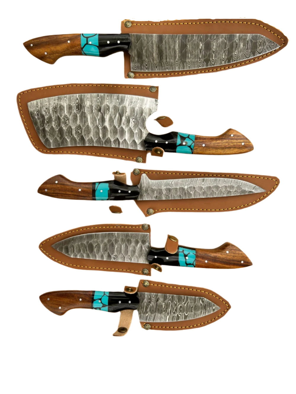 5-Piece Damascus Knife Set – Turquoise & Wood Handle with Roll