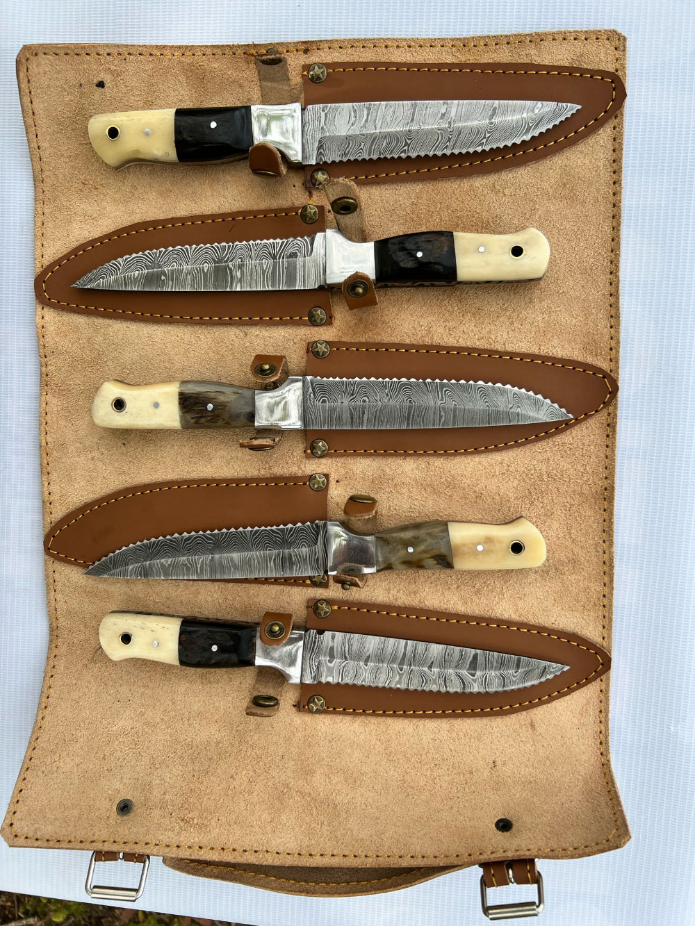 5-Piece Steak Set with Leather Roll – Bone & Horn Handles