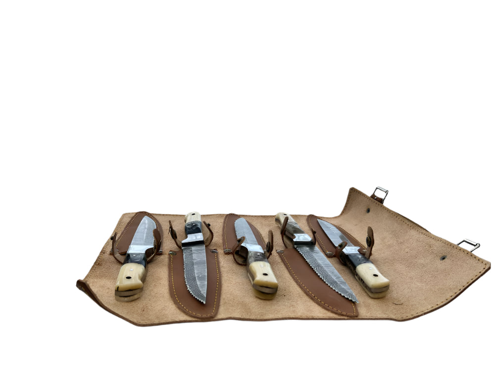 5-Piece Steak Set with Leather Roll – Bone & Horn Handles