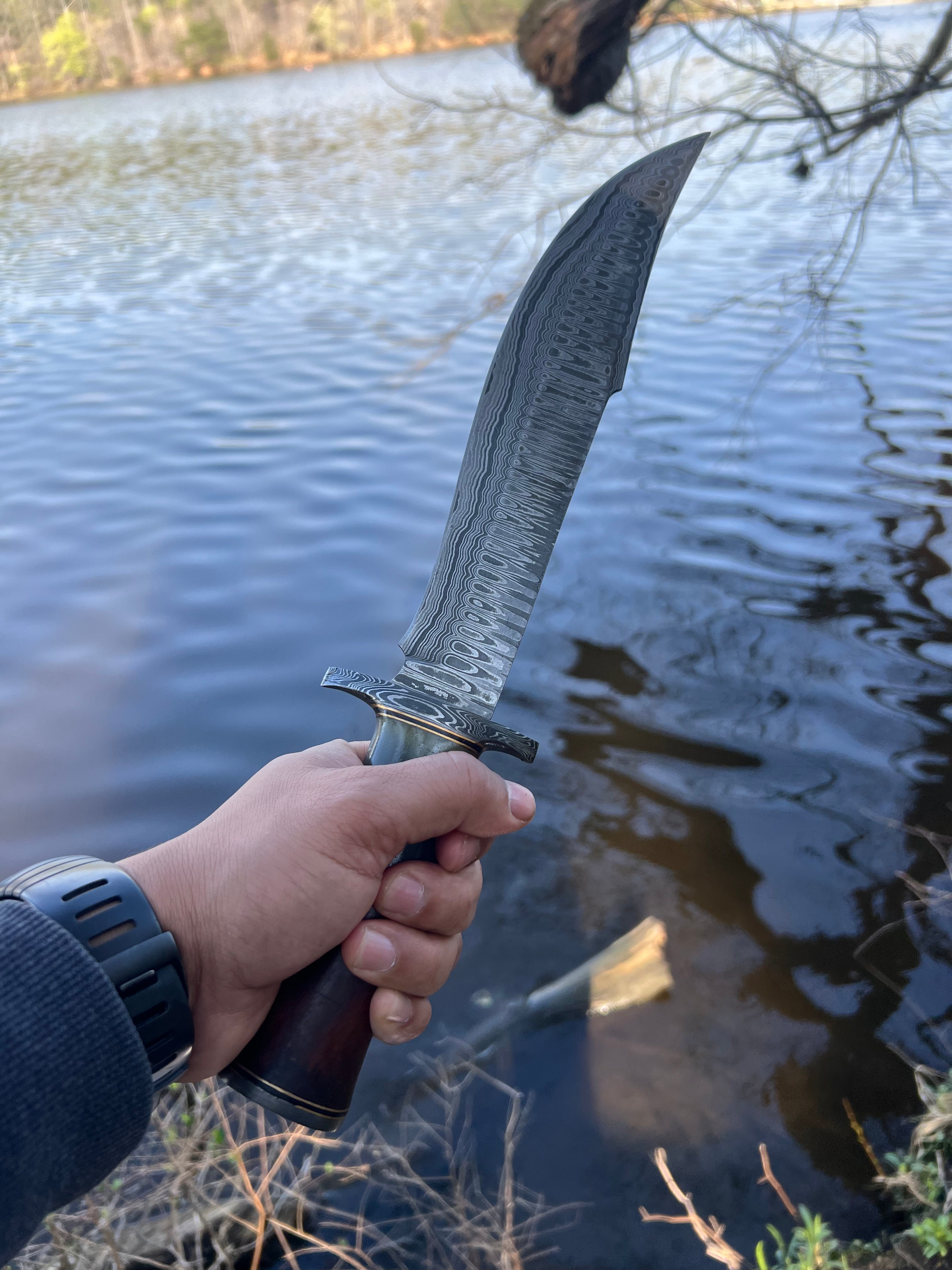 Handmade Damascus Steel Bowie Knife with Custom Wood & Brass Handle