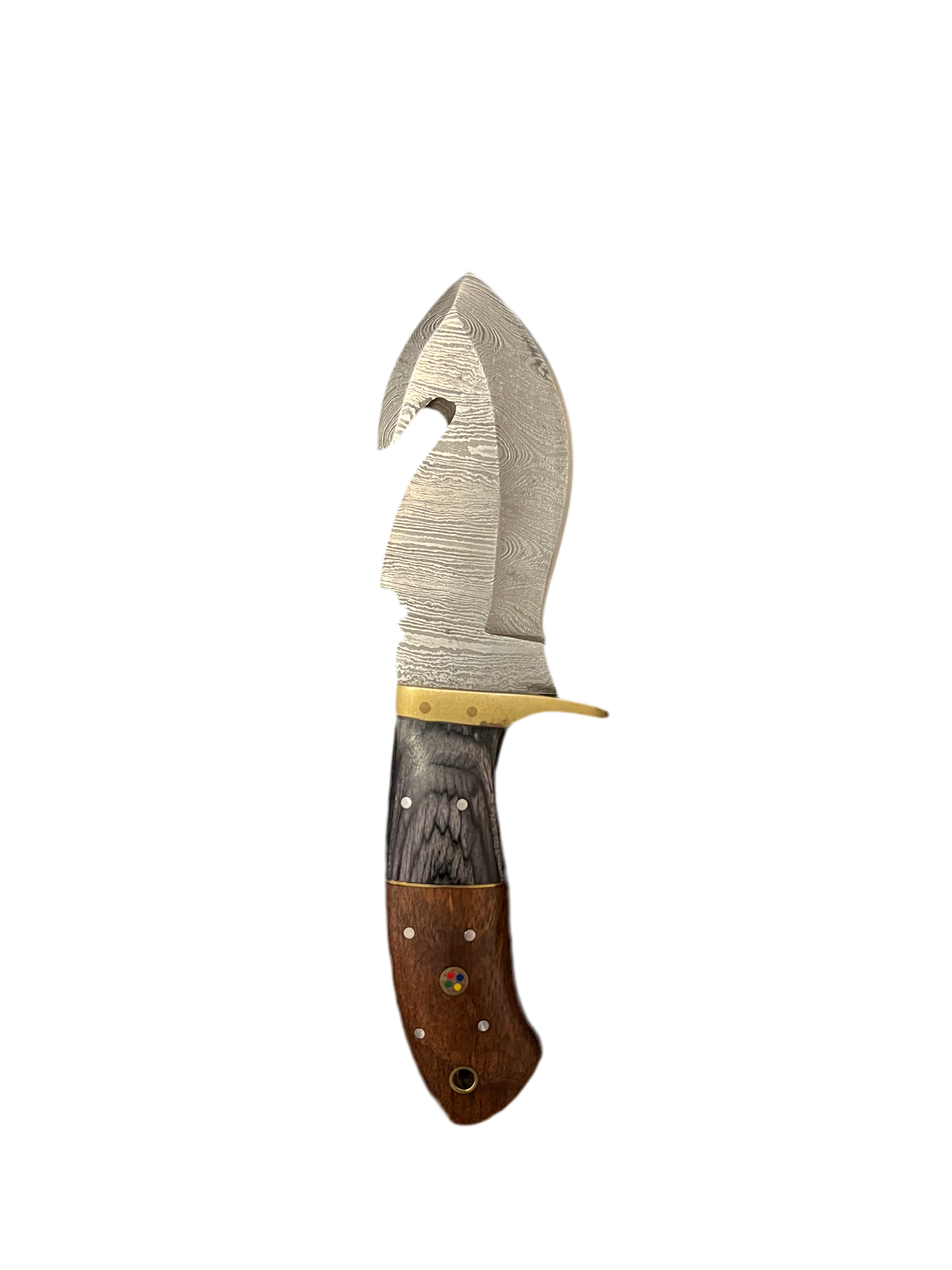 Damascus Steel Gut Hook Knife with a Custom Leather Sheath