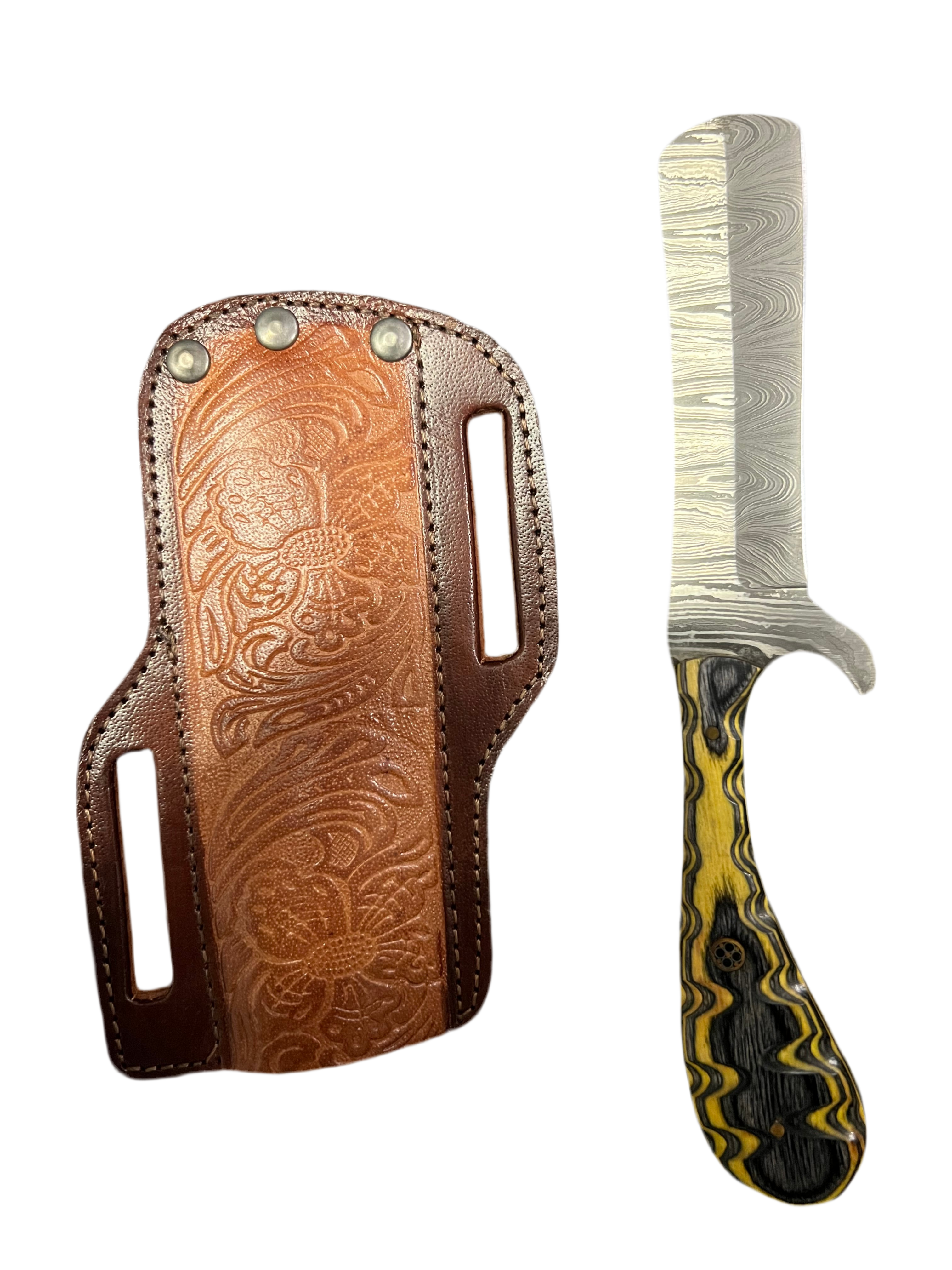 Damascus Hunting Knife – Gut Hook & Leather Sheath