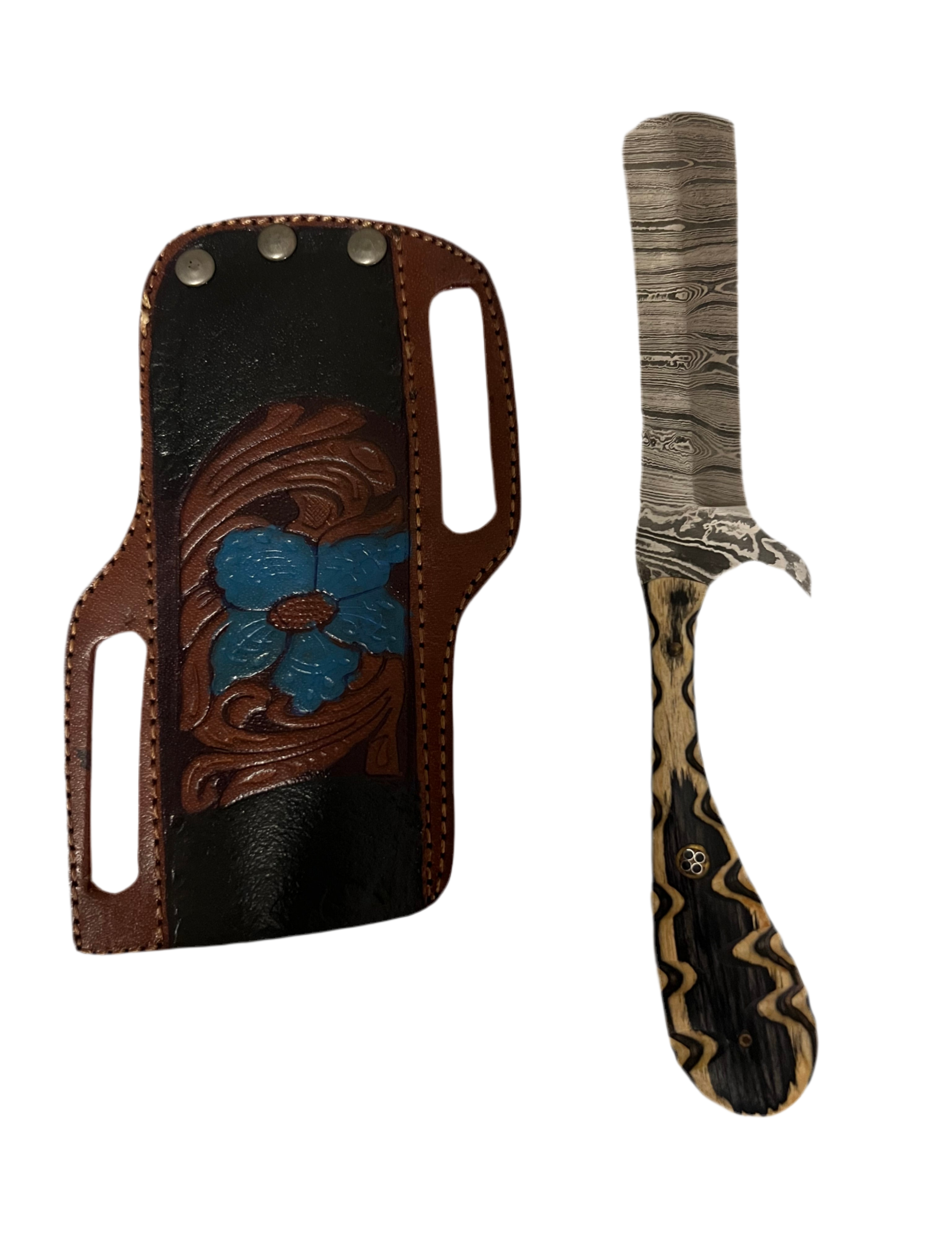 Custom Damascus Gut Hook Knife with Leather Sheath