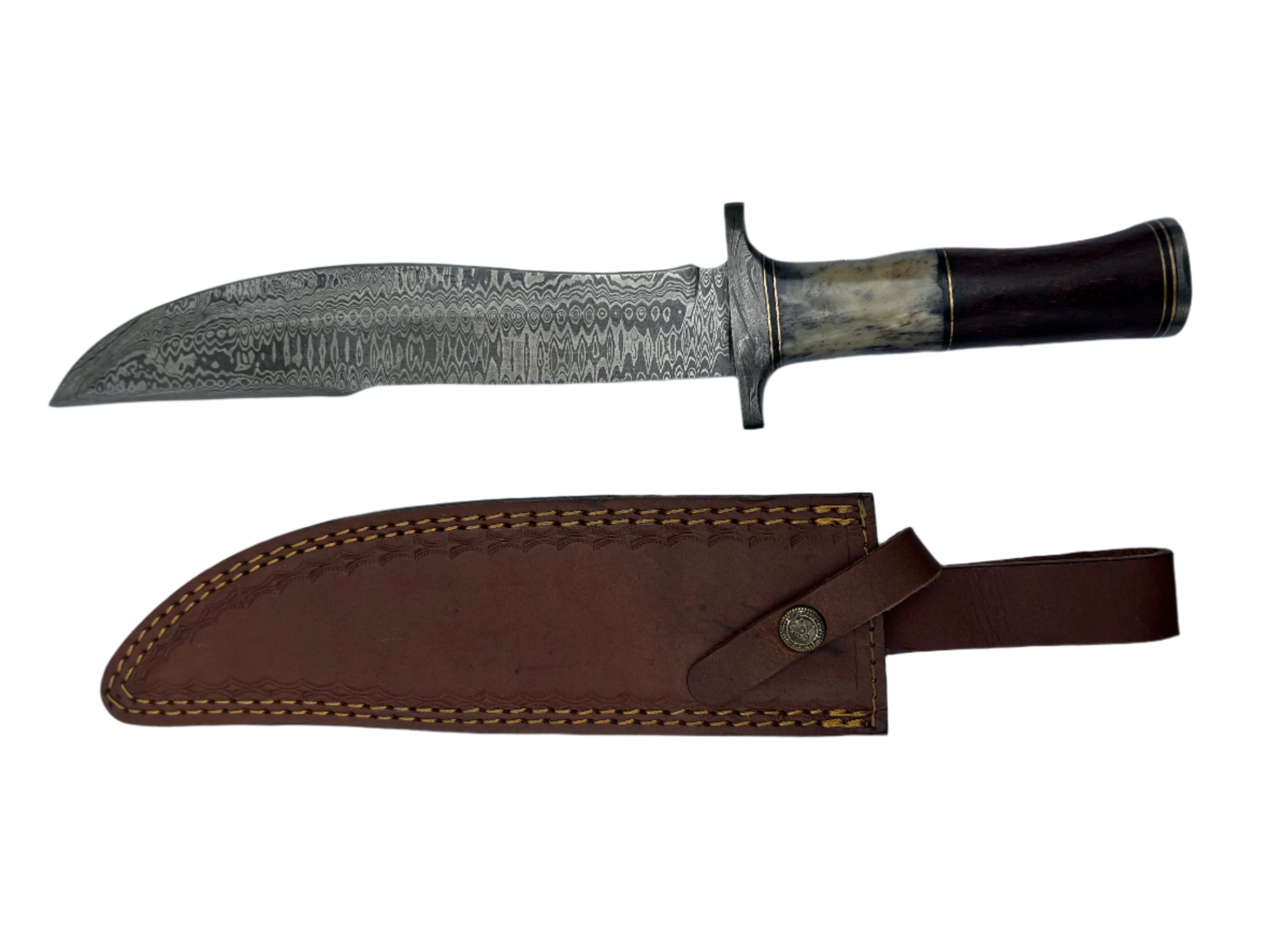 Damascus Bowie Knife – Full Tang with Wood & Bone Handle
