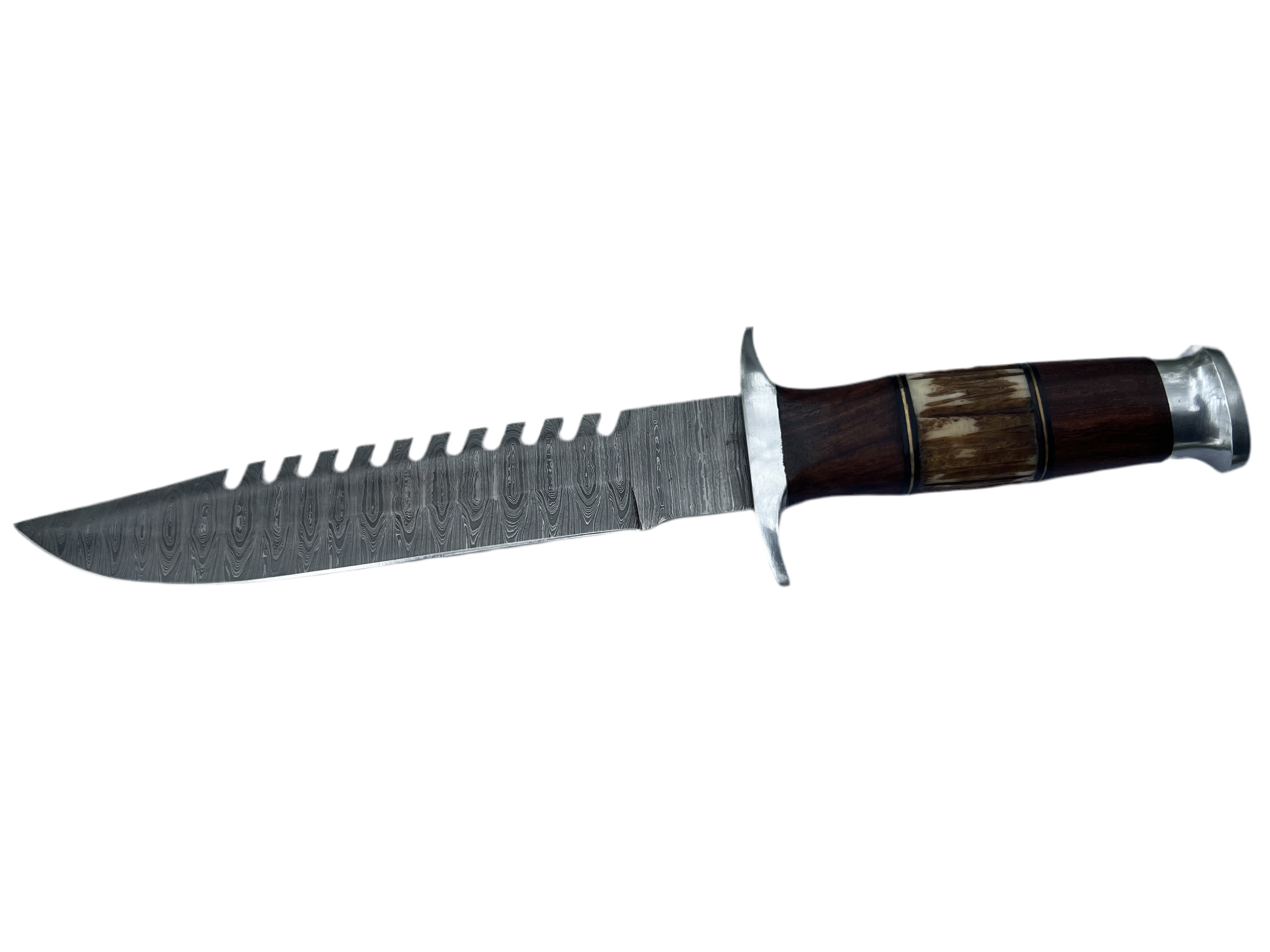 Damascus Bowie Knife – Stag Horn and Wood Handle with Leather Sheath