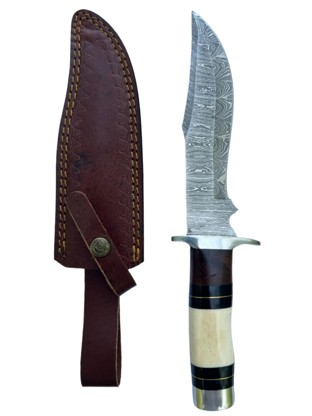 Damascus Bowie Knife with Bone Handle and Leather Sheath