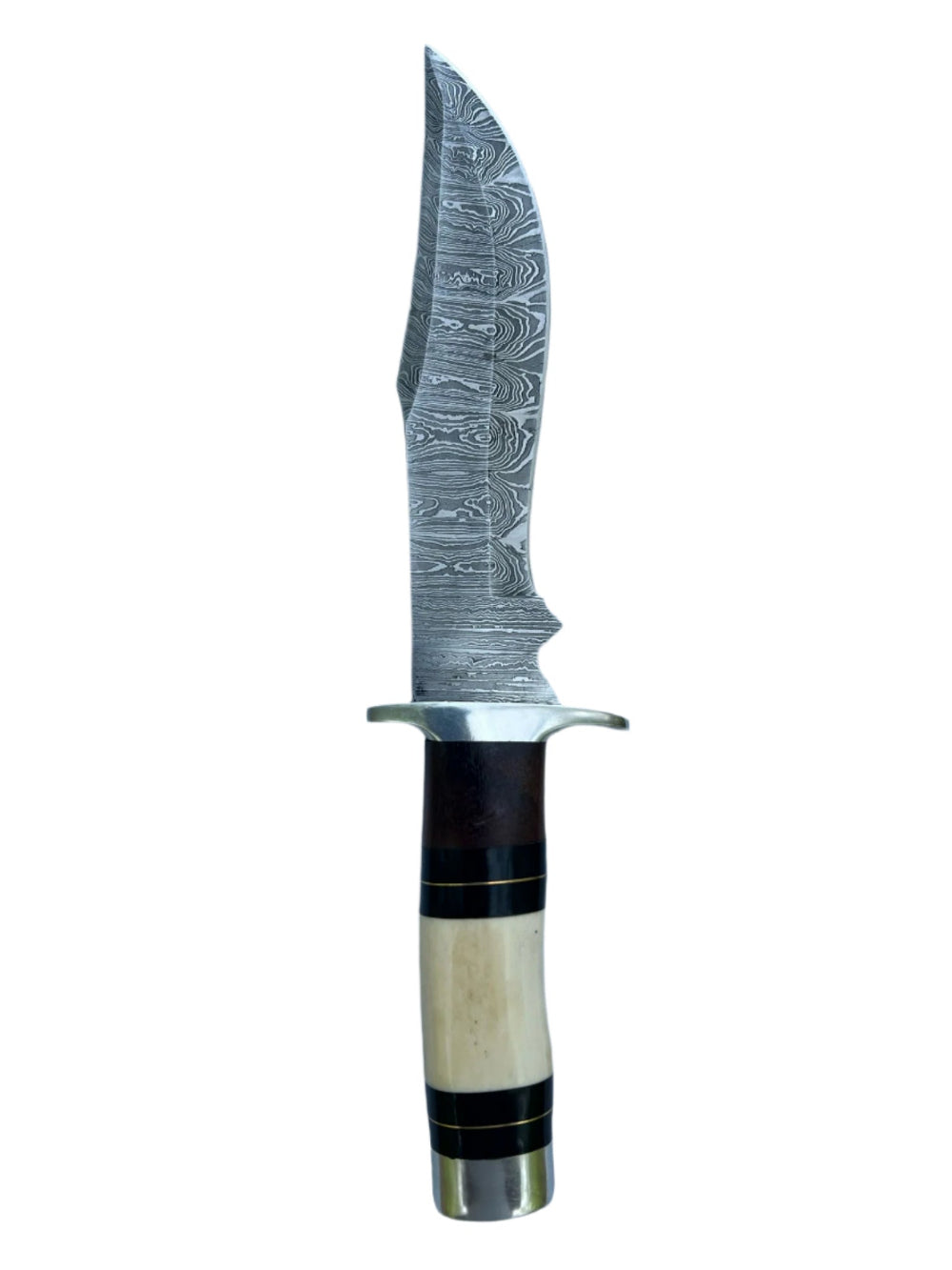 Damascus Bowie Knife with Bone Handle and Leather Sheath