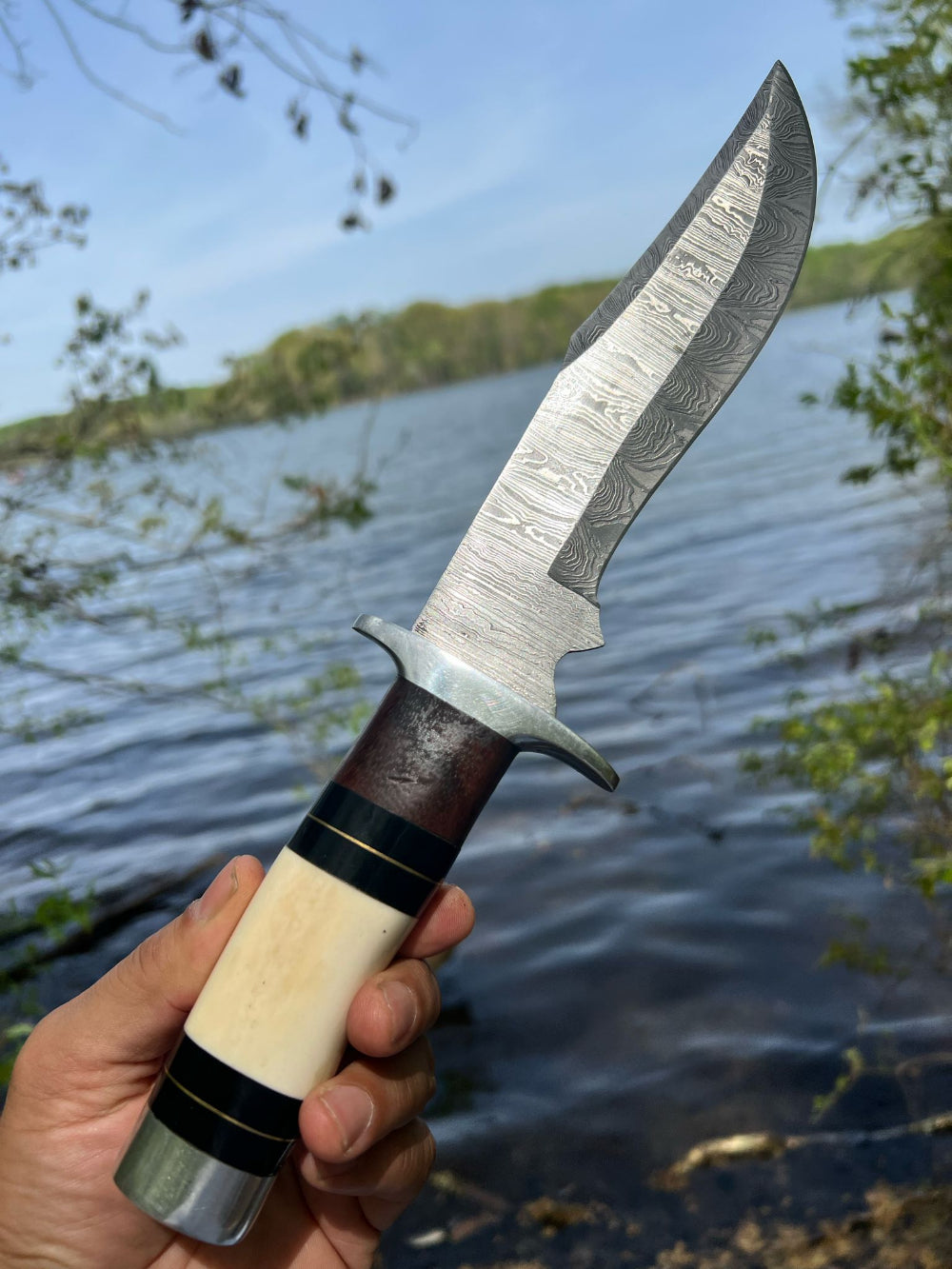 Damascus Bowie Knife with Bone Handle and Leather Sheath