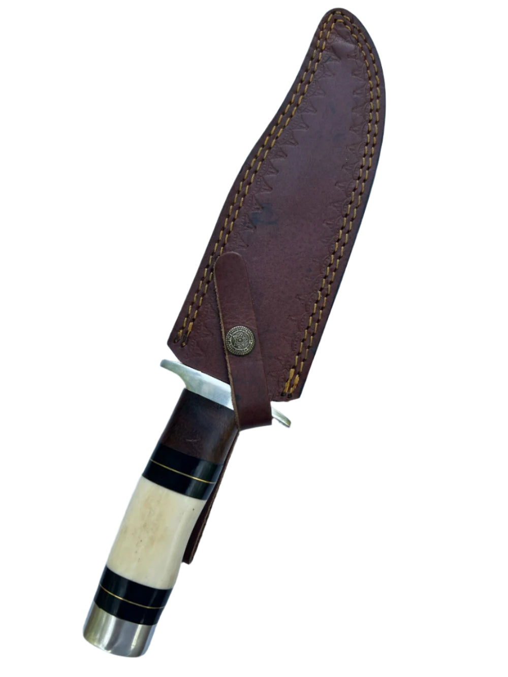 Damascus Bowie Knife with Bone Handle and Leather Sheath