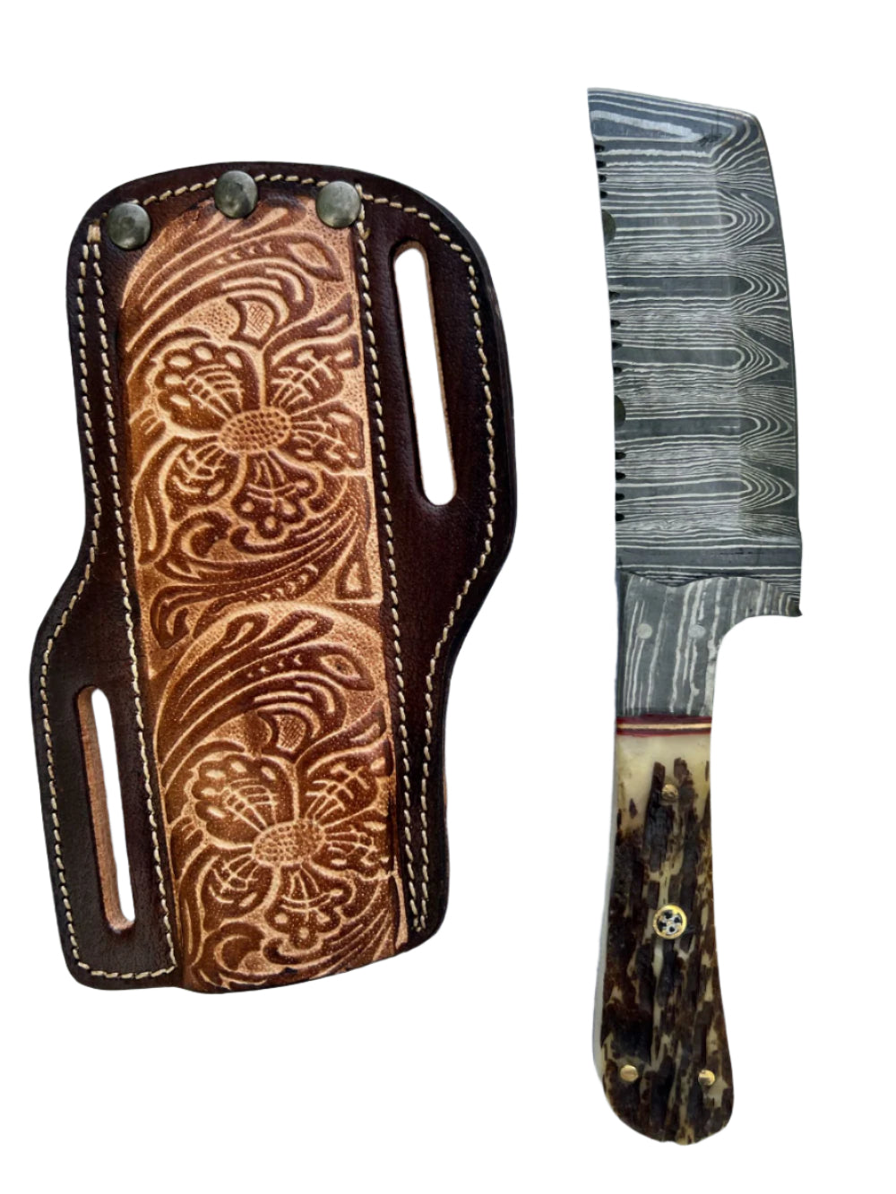 Damascus Cleaver Knife – Antler Handle with Floral Leather Sheath