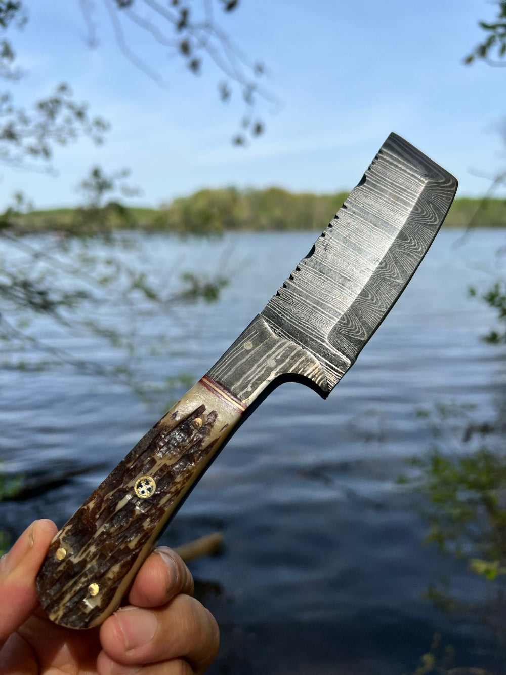 Damascus Cleaver Knife – Antler Handle with Floral Leather Sheath
