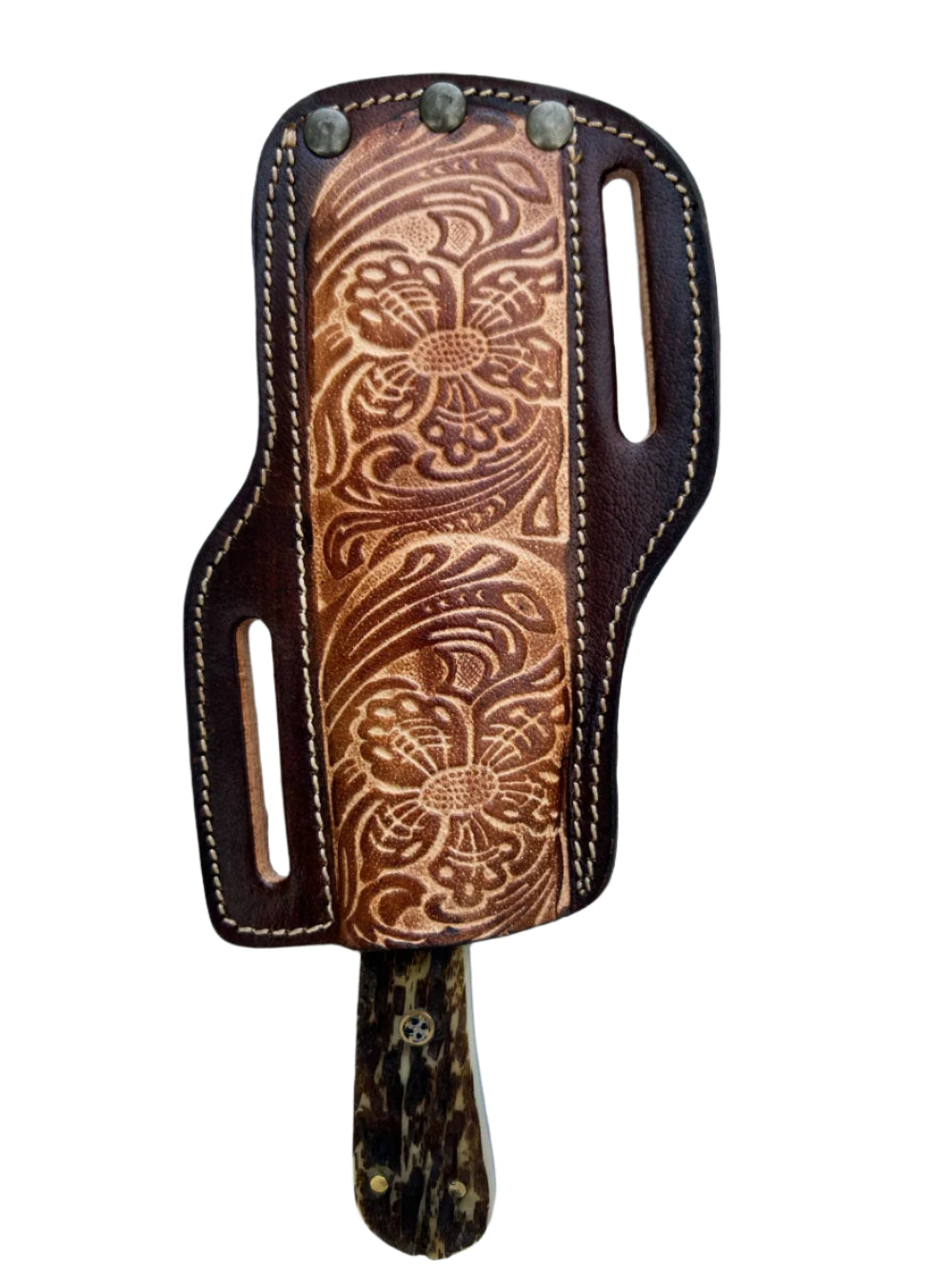 Damascus Cleaver Knife – Antler Handle with Floral Leather Sheath
