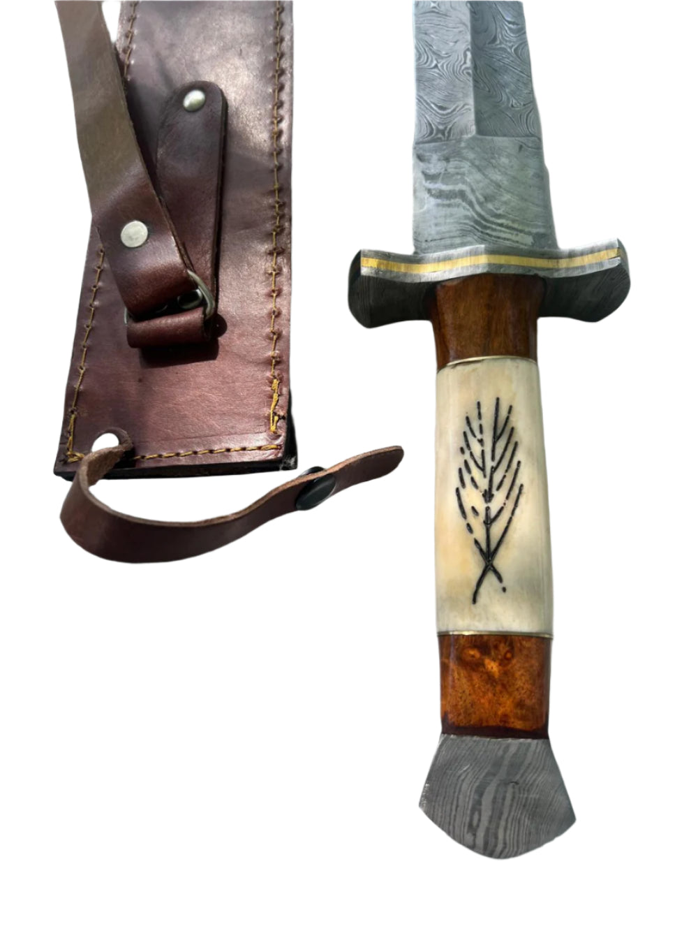 Damascus Fixed Blade Knife | Antler & Rosewood Handle + Sheath