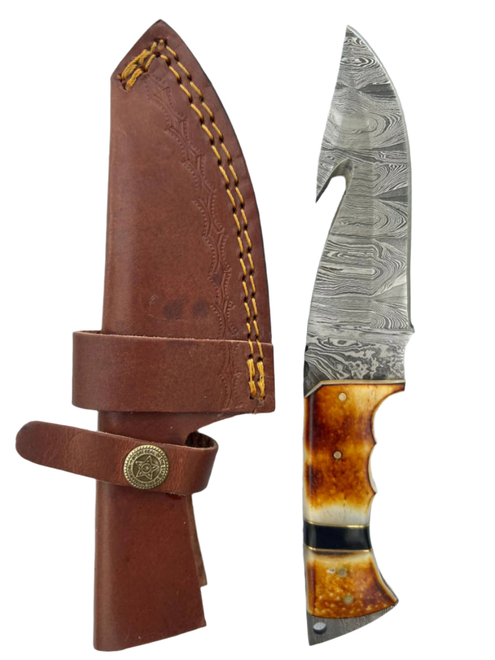 Damascus Gut Hook Knife – Amber Horn Handle with Leather Sheath