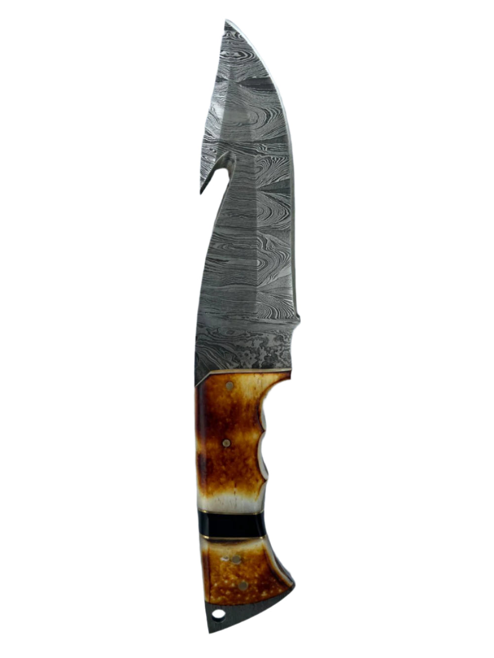 Damascus Gut Hook Knife – Amber Horn Handle with Leather Sheath