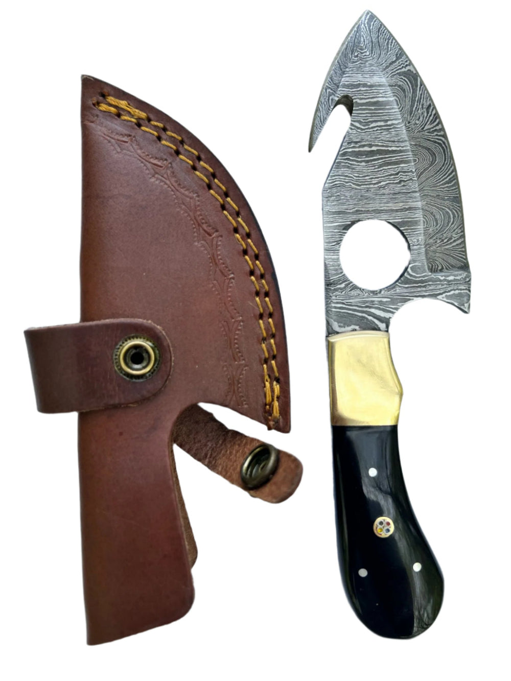 Damascus Gut Hook Knife – Black Handle & Leather Sheath