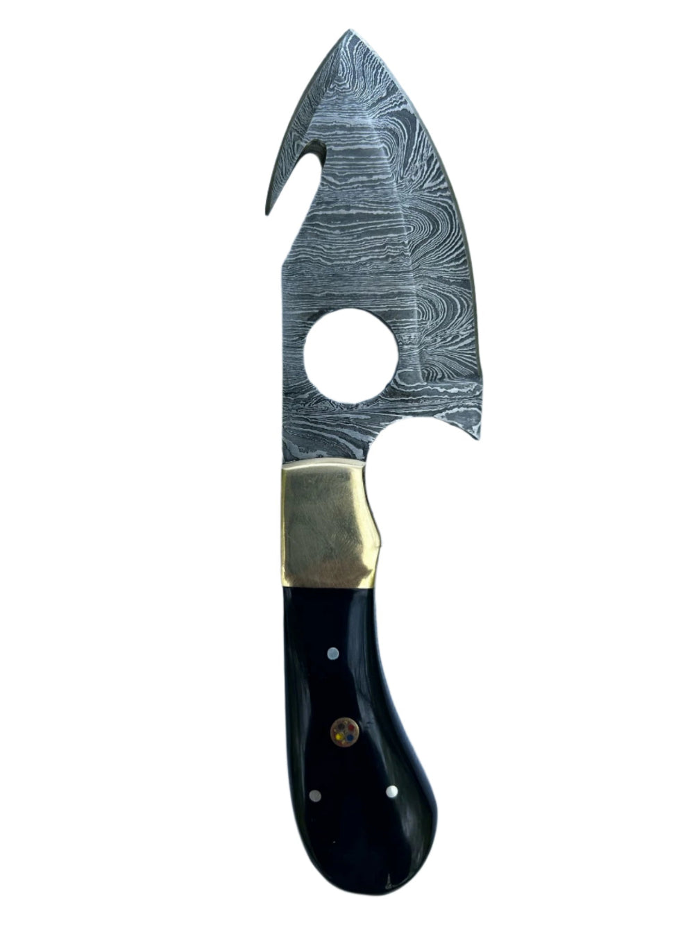 Damascus Gut Hook Knife – Black Handle & Leather Sheath