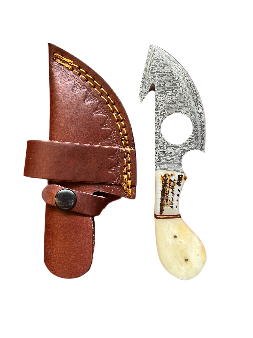 Damascus Gut Hook Knife – Bone Handle with Leather Sheath