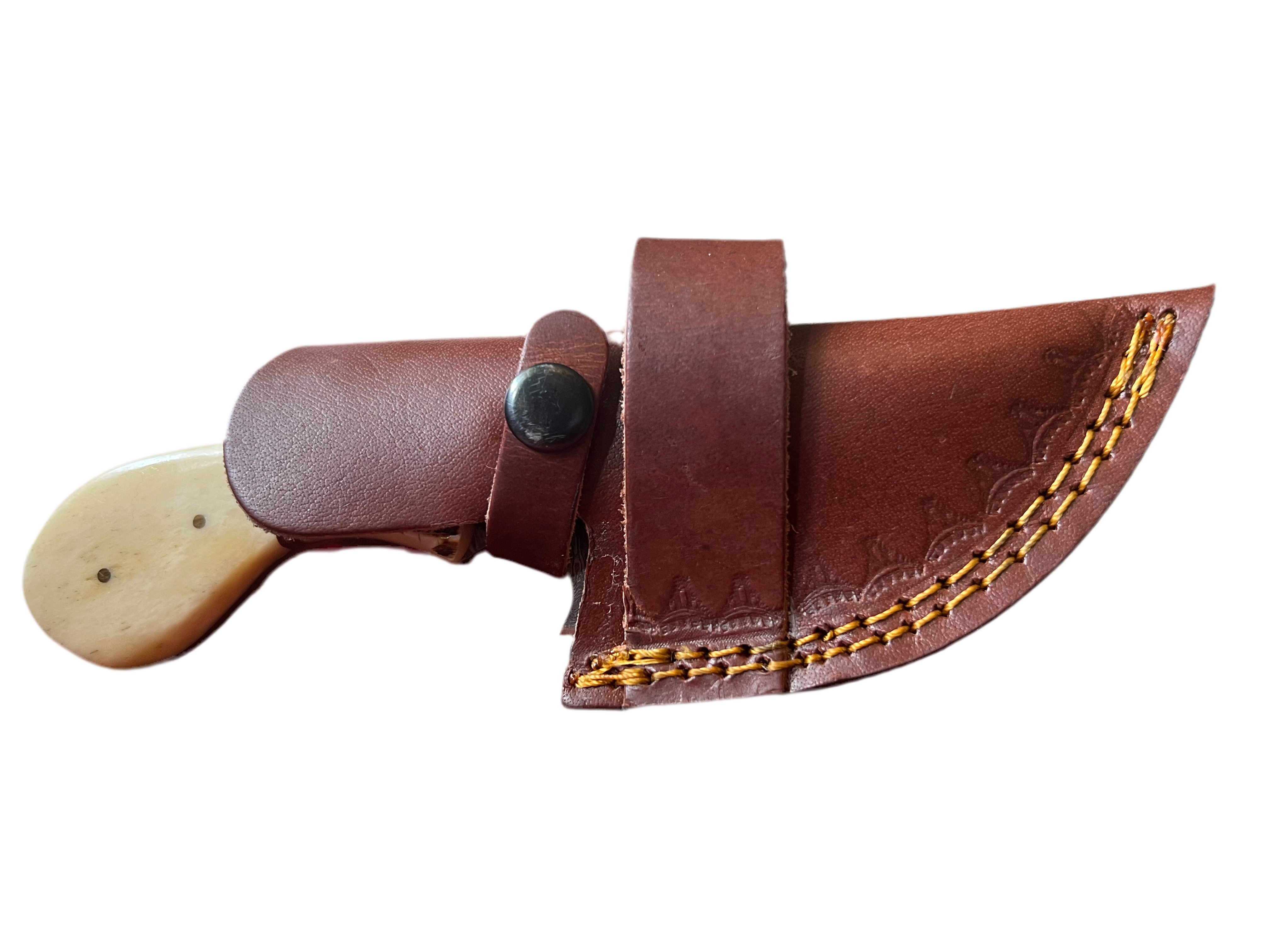 Damascus Gut Hook Knife – Bone Handle with Leather Sheath