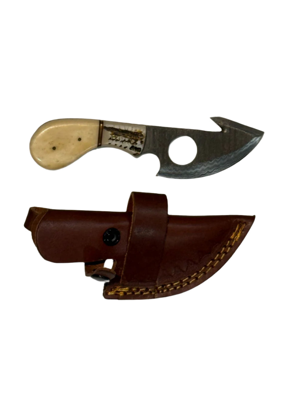 Damascus Gut Hook Knife – Bone Handle with Leather Sheath