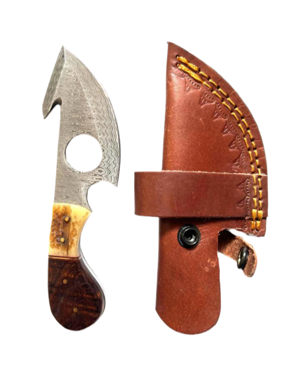 Damascus Gut Hook Knife – Bone & Wood Handle with Leather Sheath