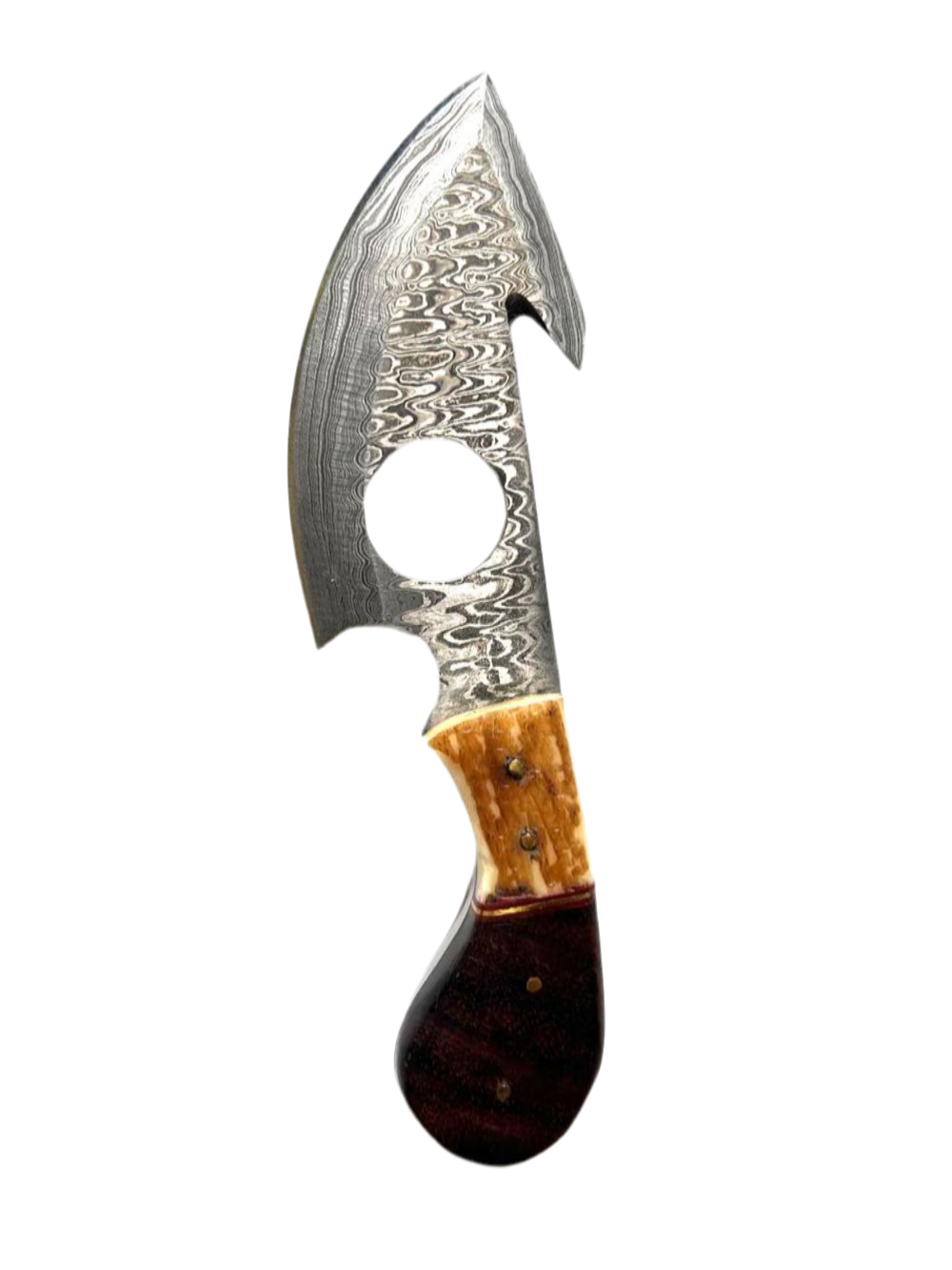Damascus Gut Hook Knife – Bone & Wood Handle with Leather Sheath