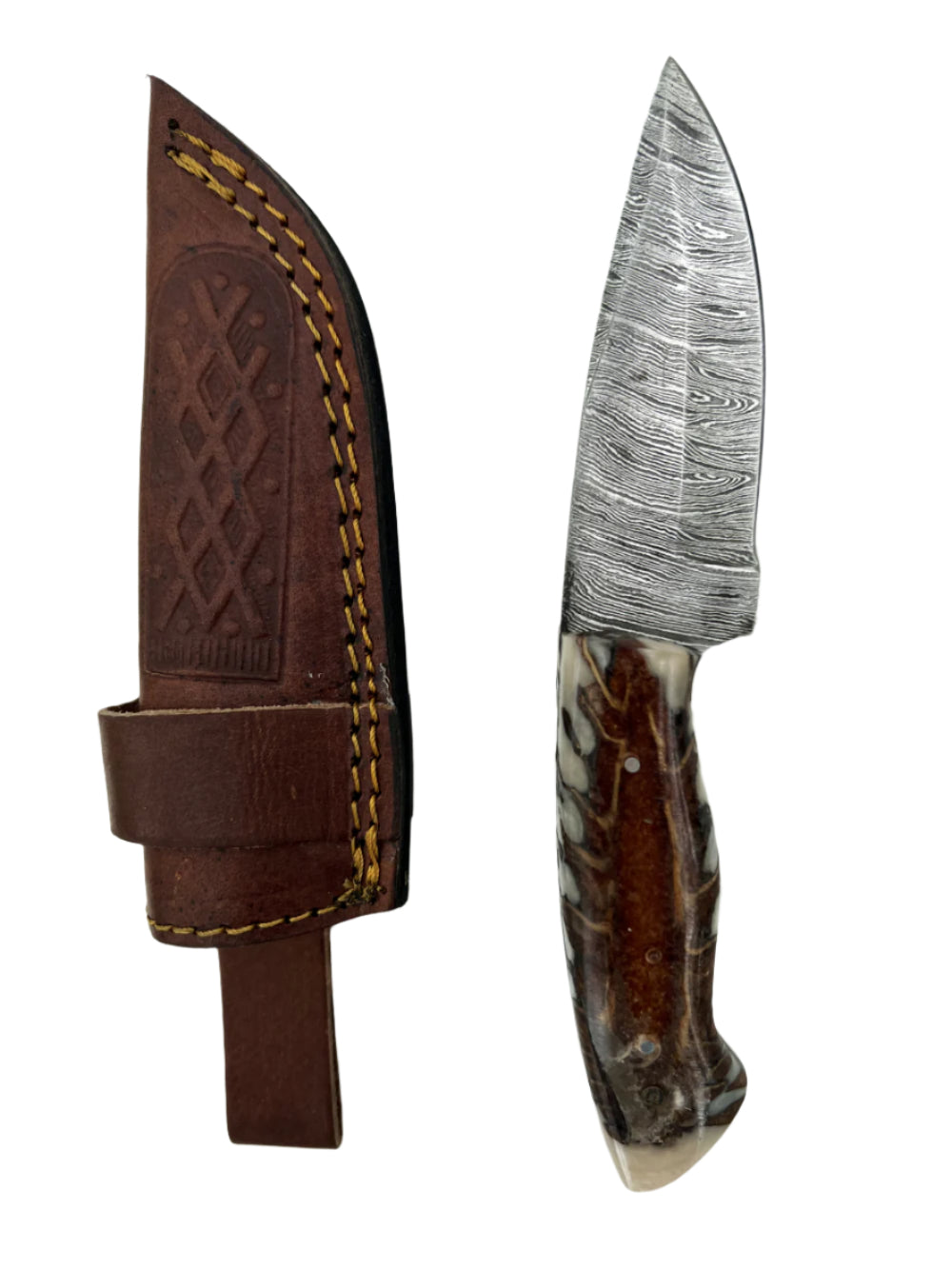 Damascus Hunting Knife – Antler Resin Handle & Leather Sheath