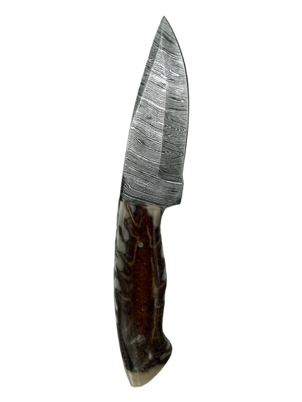 Damascus Hunting Knife – Antler Resin Handle & Leather Sheath