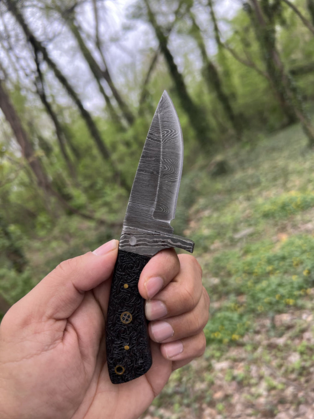 Damascus Hunting Knife with Black Micarta Handle and Sheath