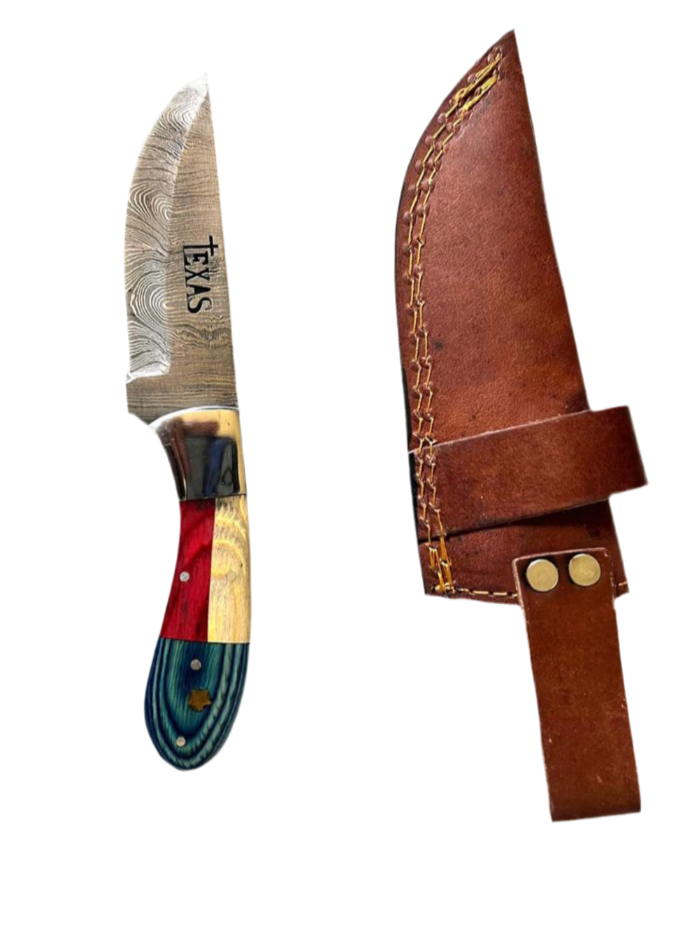 Texas Damascus Knife – Handmade Fixed Blade with Leather Sheath