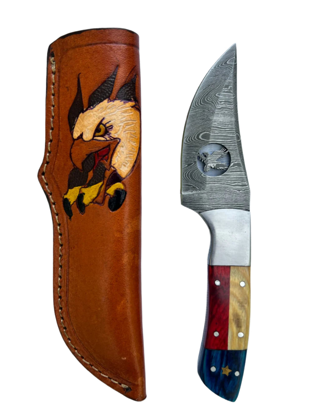 Damascus Knife with Eagle Blade Cutout & Patriotic Handle