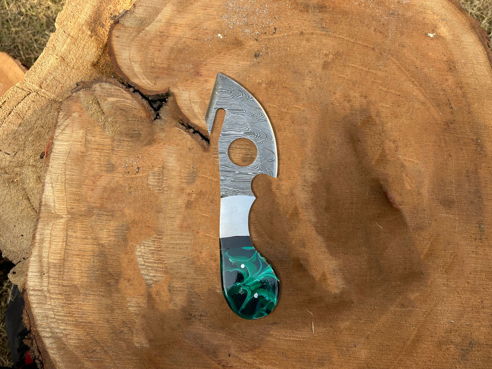 Damascus Steel Hook Knife with Resin Handle – Precision & Collectible