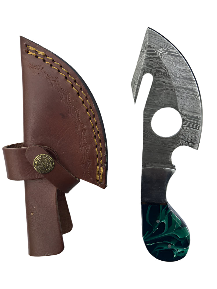 Damascus Steel Hook Knife with Resin Handle – Precision & Collectible