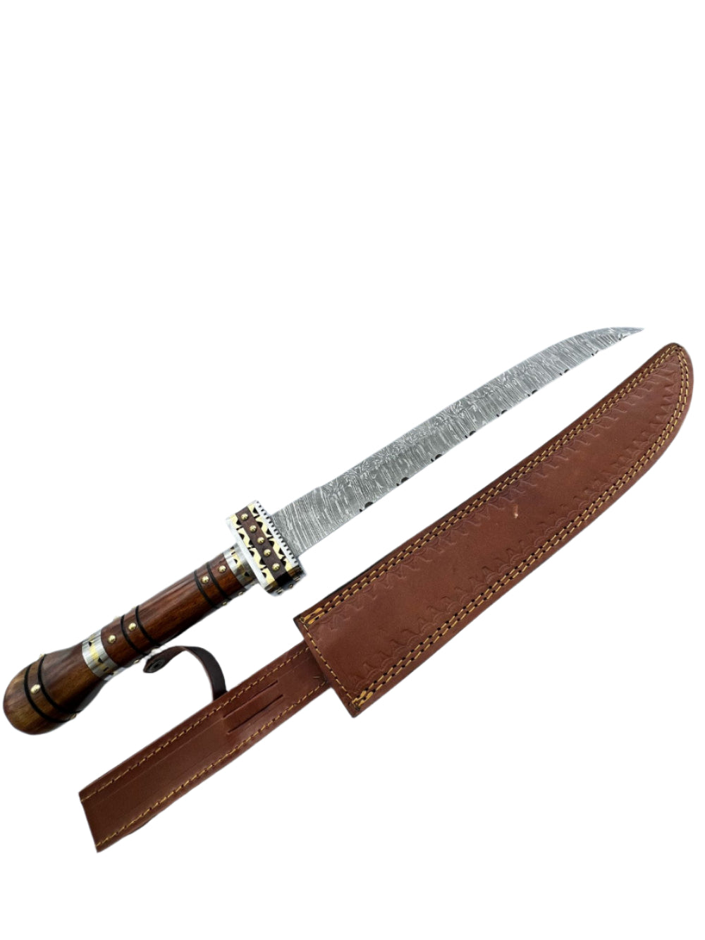 Damascus Steel Knife with Hardwood Handle and Decorative Brass Guard
