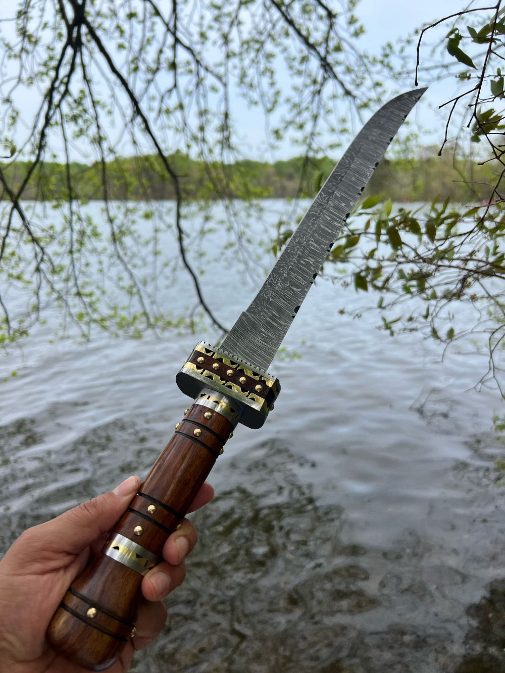 Damascus Steel Knife with Hardwood Handle and Decorative Brass Guard