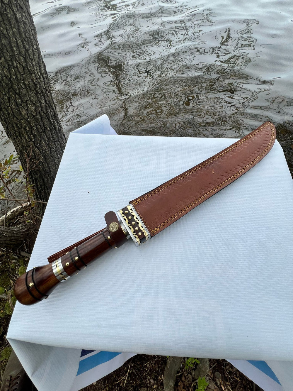 Damascus Steel Knife with Hardwood Handle and Decorative Brass Guard