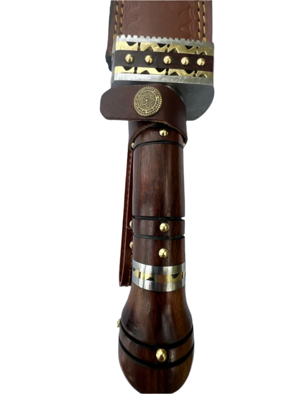 Damascus Steel Knife with Hardwood Handle and Decorative Brass Guard