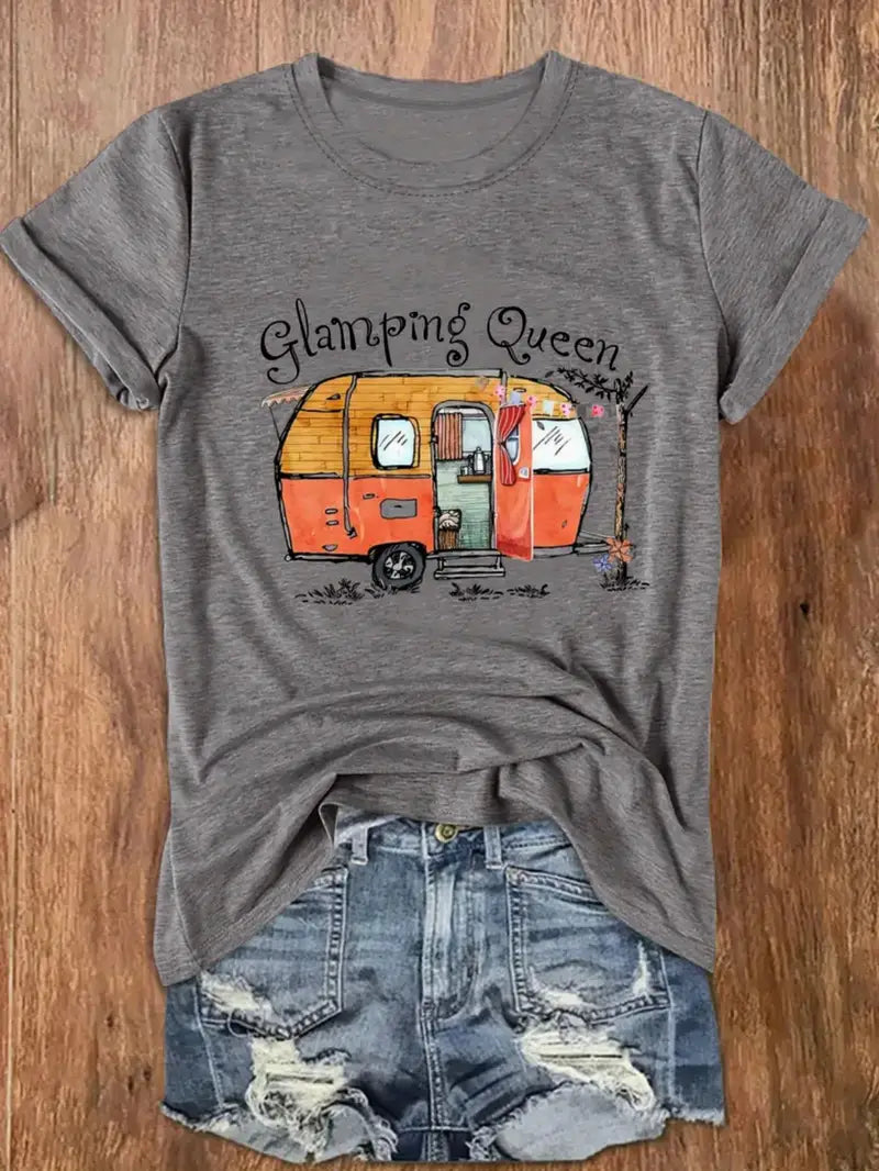 Glamping Queen Graphic T-Shirt – Dark Gray | Camping Tee for Women