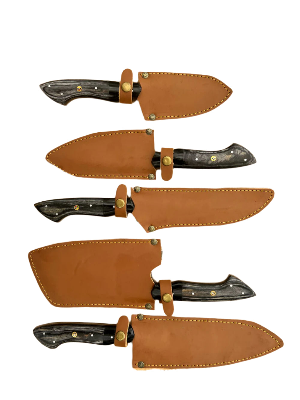 Hand-Forged Damascus Knife Set – 5 Pieces with Leather Roll