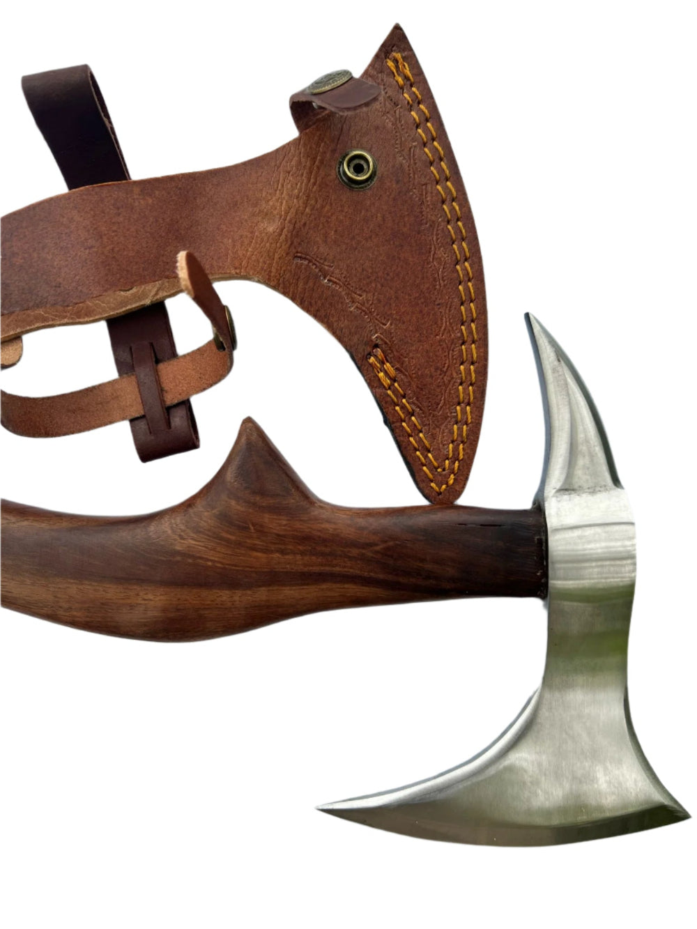 Hand-Forged Viking Axe – Curved Walnut Handle with Leather Sheath