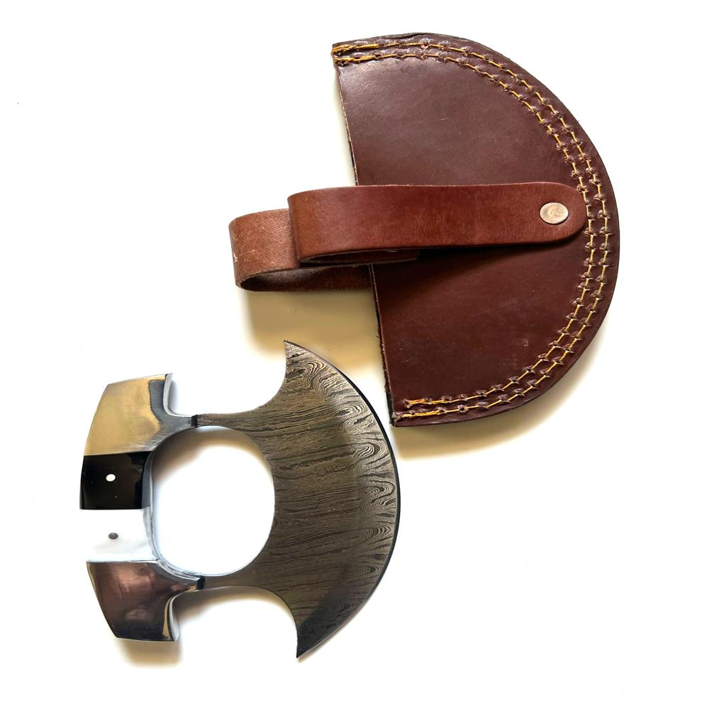 Handcrafted Damascus Ulu Knife with brass and bone handle