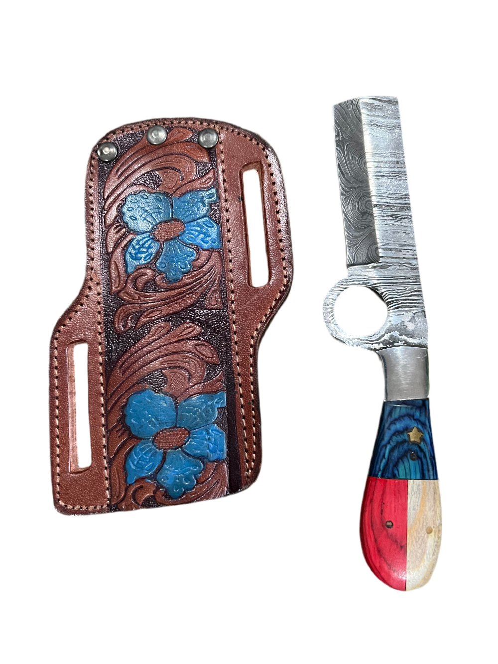 Handmade Damascus Knife – Patriotic Handle & Tooled Sheath