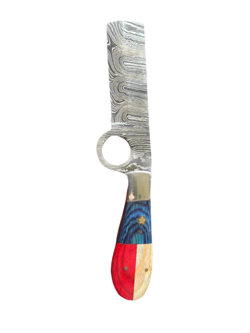 Handmade Damascus Knife – Patriotic Handle & Tooled Sheath