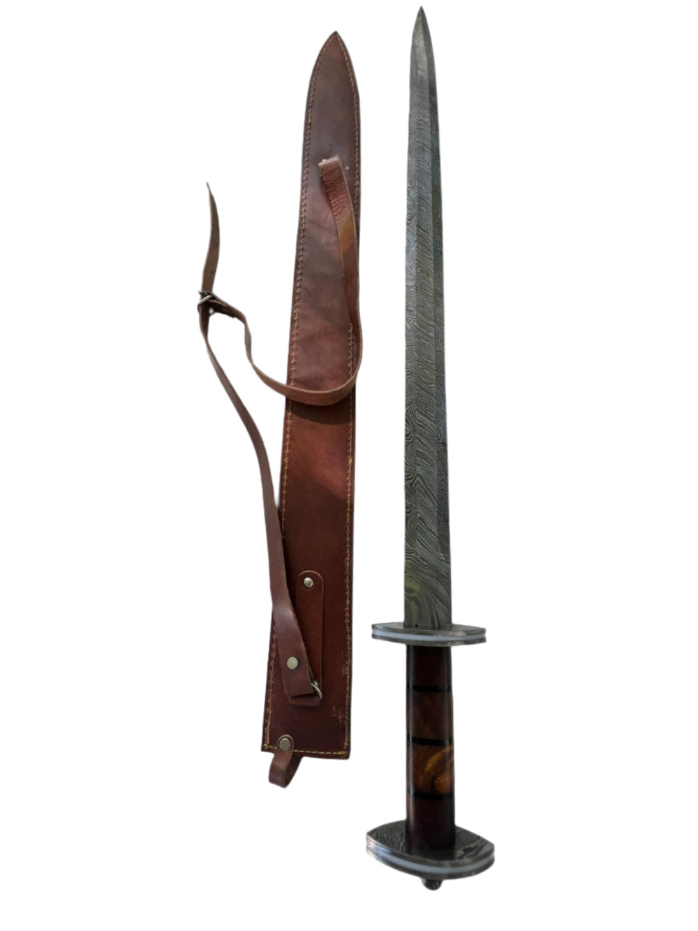 Damascus Short Sword – Pakkawood Handle & Leather SheathSheath